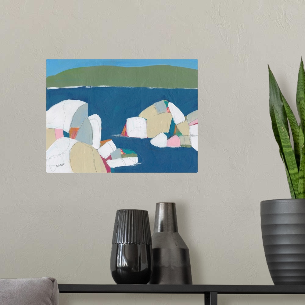 A modern room featuring An abstract contemporaray painting of organic round shapes resembling rocks in a harbor