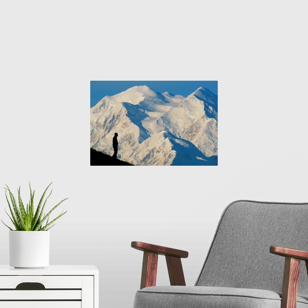 A modern room featuring A hiker silhouetted against snow-covered Mount McKinley, Denali National Park, Alaska