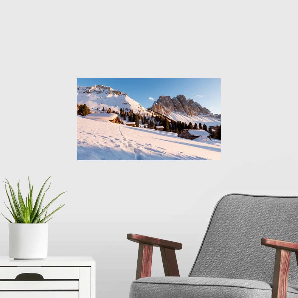 A modern room featuring A Beautiful Sunset On The Geisler In Villnoss With A Group Of Mountain Huts In The Foreground, Bo...