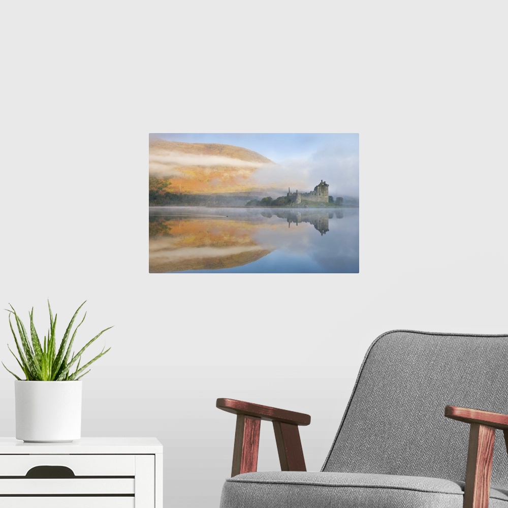 A modern room featuring A misty morning beside Loch Awe with views to Kilchurn Castle, Argyll