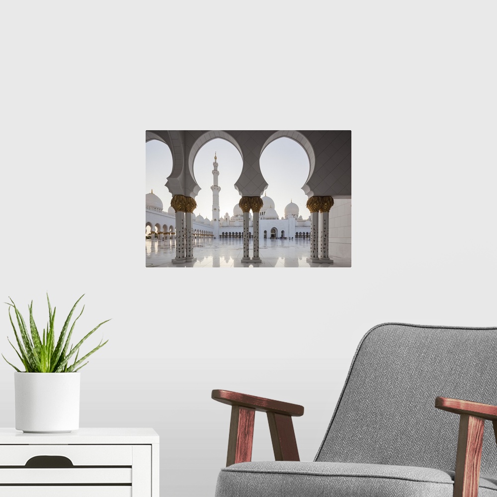 A modern room featuring UAE, Abu Dhabi, Sheikh Zayed bin Sultan Mosque, arches.