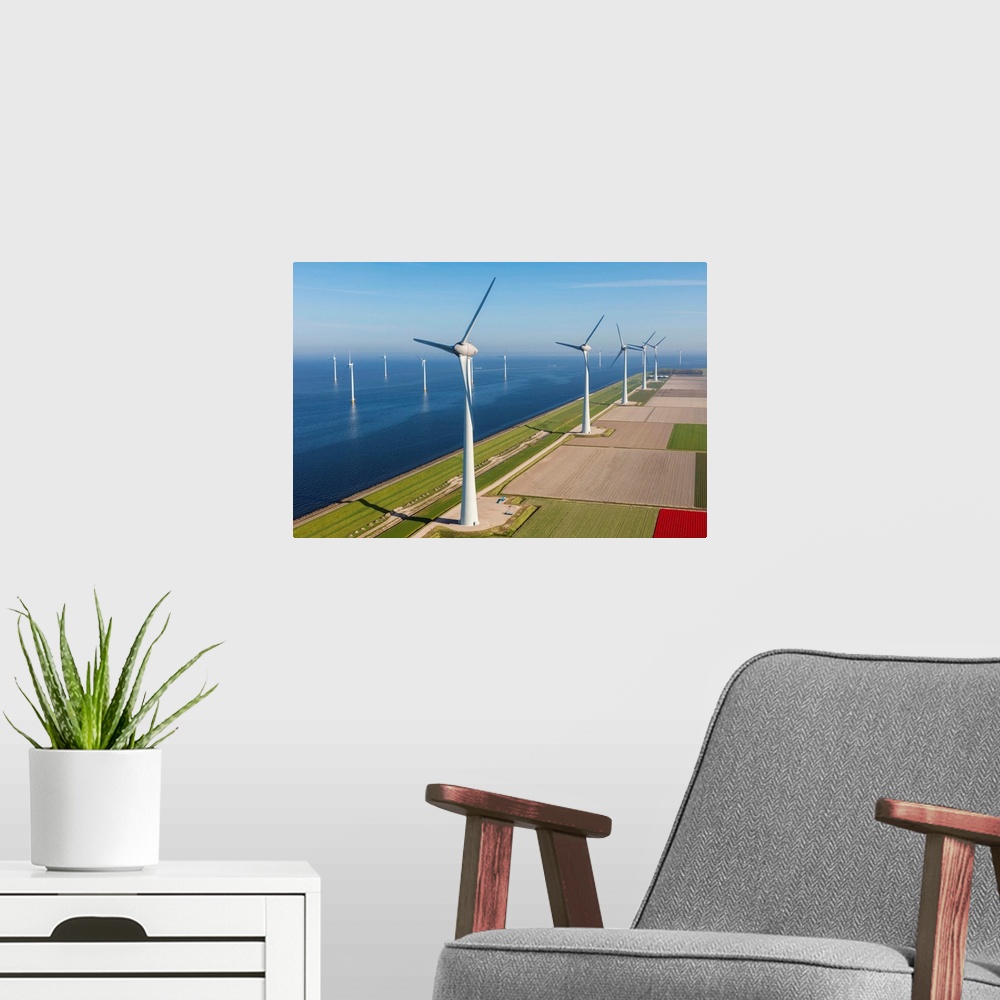 A modern room featuring Aerial view of wind turbines at sea, North Holland, Netherlands