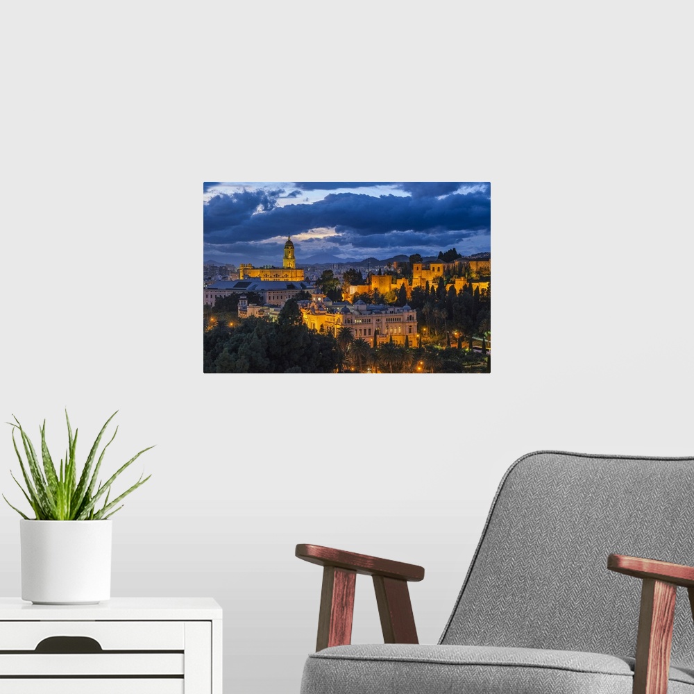 A modern room featuring Alcazaba, Cathedral and City Hall, Malaga City, Andalusia, Spain.