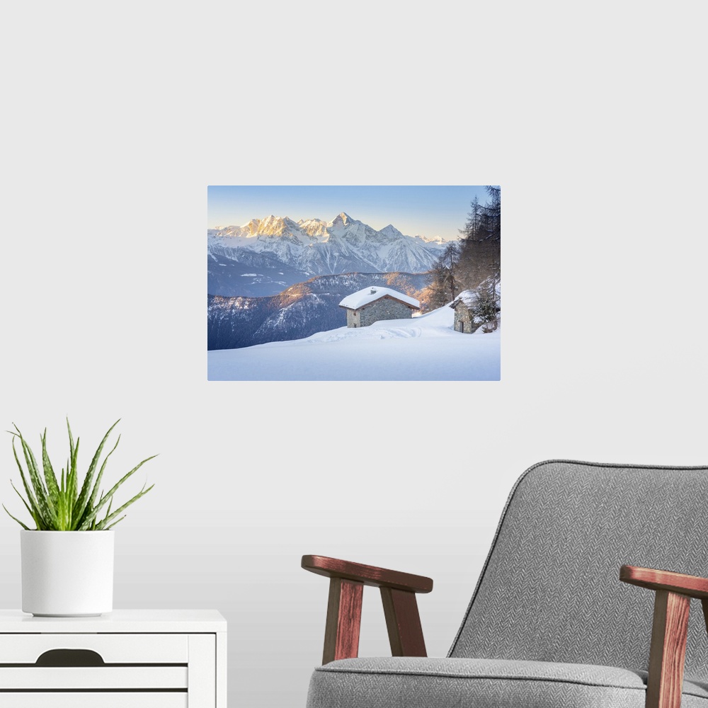 A modern room featuring Alpe Pilaz at dawn, La Magdeleine, Valtournenche, Valle d Aosta, Italian alps, Italy