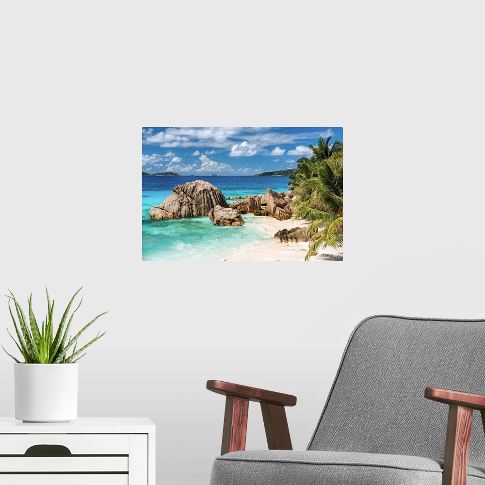 A modern room featuring Anse Patate Beach, La Digue, Seychelles
