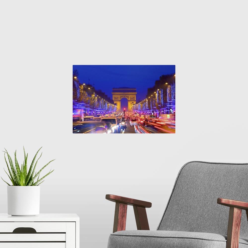 A modern room featuring Arc De Triomphe And Xmas Decorations, Avenue des Champs-Elysees,  Paris, France, Western Europe.