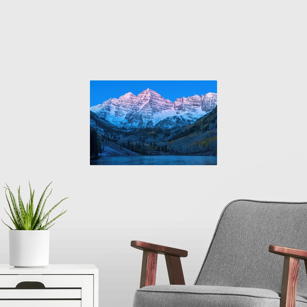 A modern room featuring USA, Colorado, Rocky Mountains, Aspen, Maroon Bells at dawn.