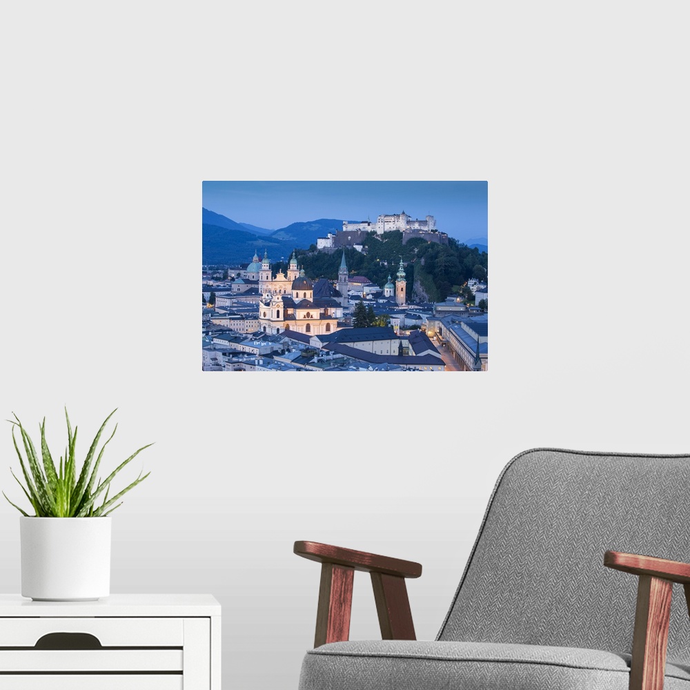 A modern room featuring Austria, Salzburg, View of Hohensalzburg Castle above The Old City
