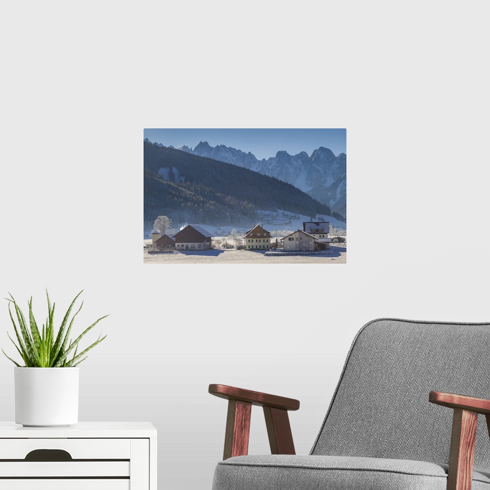 A modern room featuring Austria, Upper Austria, Gosau, village view, winter