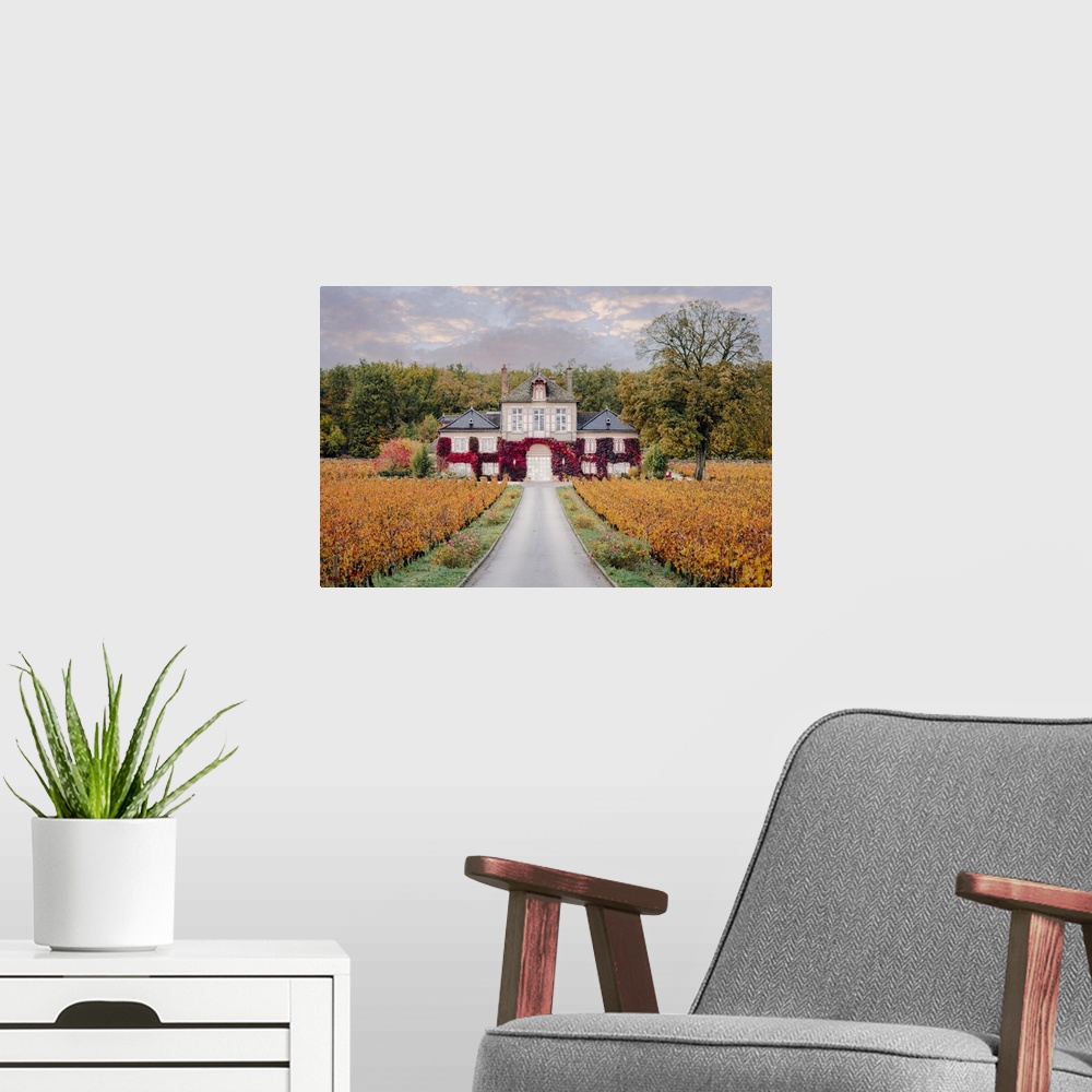 A modern room featuring Bourgogne wine region (Burgundy), France, Europe. Autumn landscape, vineyards and luxury house.