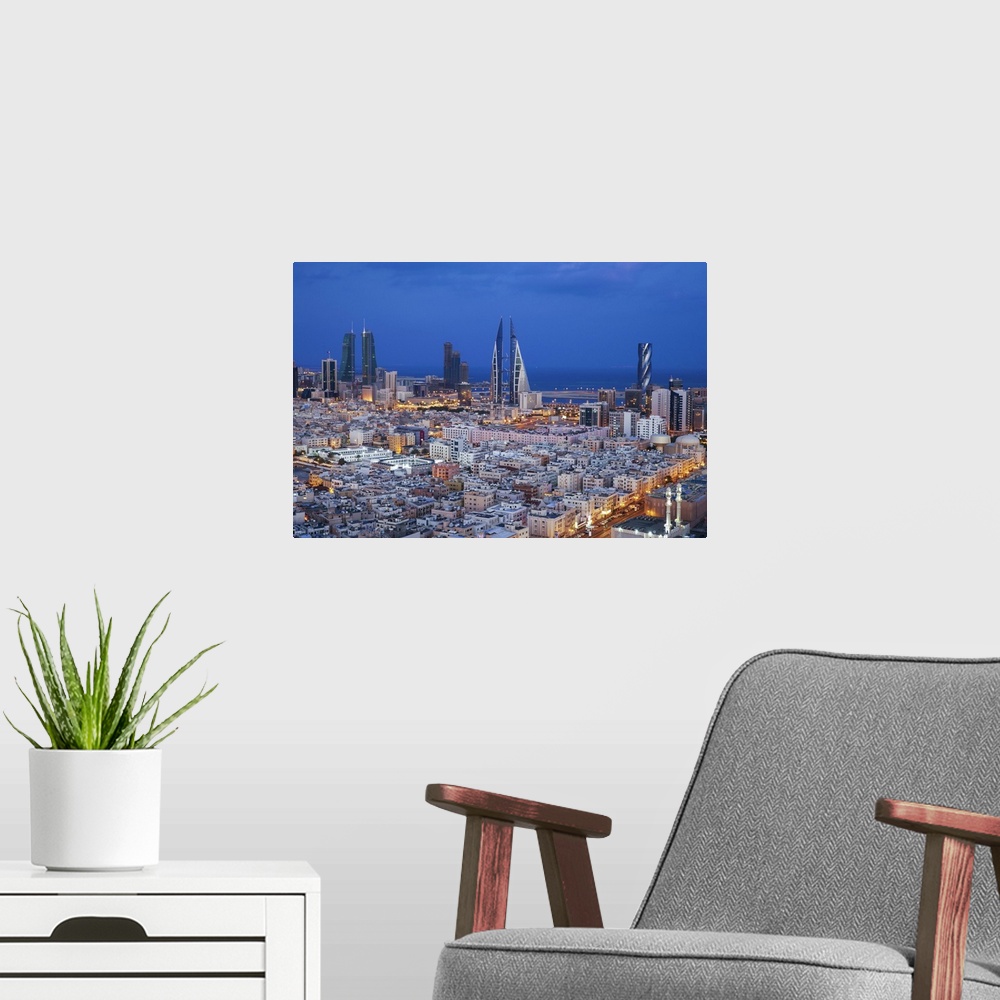 A modern room featuring Bahrain, Manama, View of city skyline