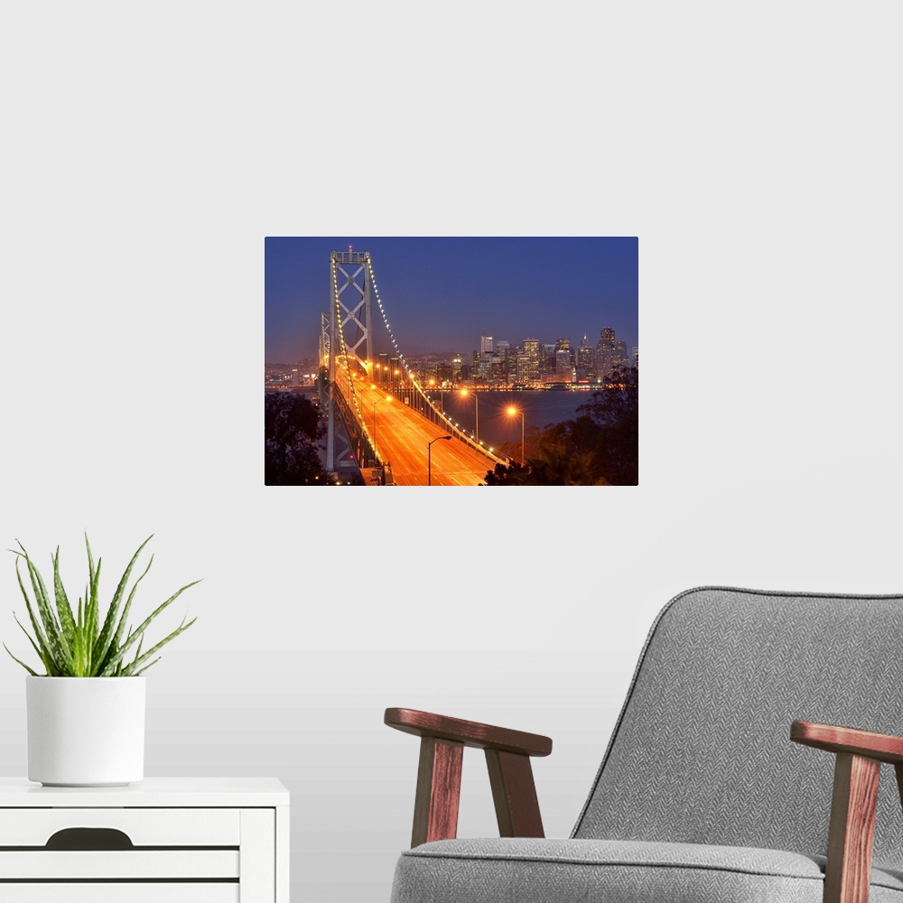 A modern room featuring Bay Bridge at dawn, San Francisco, USA
