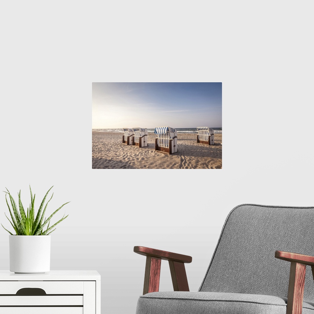A modern room featuring Beach chairs in winter in Kuehlungsborn, Mecklenburg-West Pomerania, Baltic Sea, North Germany, G...