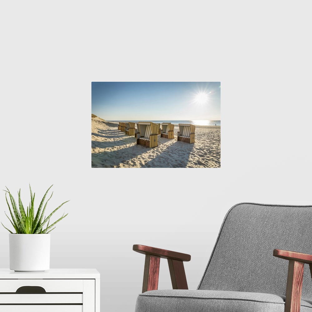 A modern room featuring Beach chairs on the west beach of Wenningstedt, Sylt, Schleswig-Holstein, Germany.
