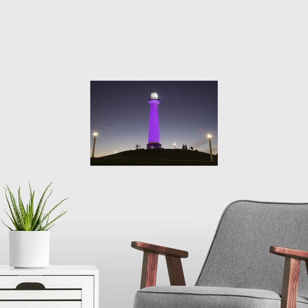 A modern room featuring USA, California, Long Beach, Shoreline Village Lighthouse. evening