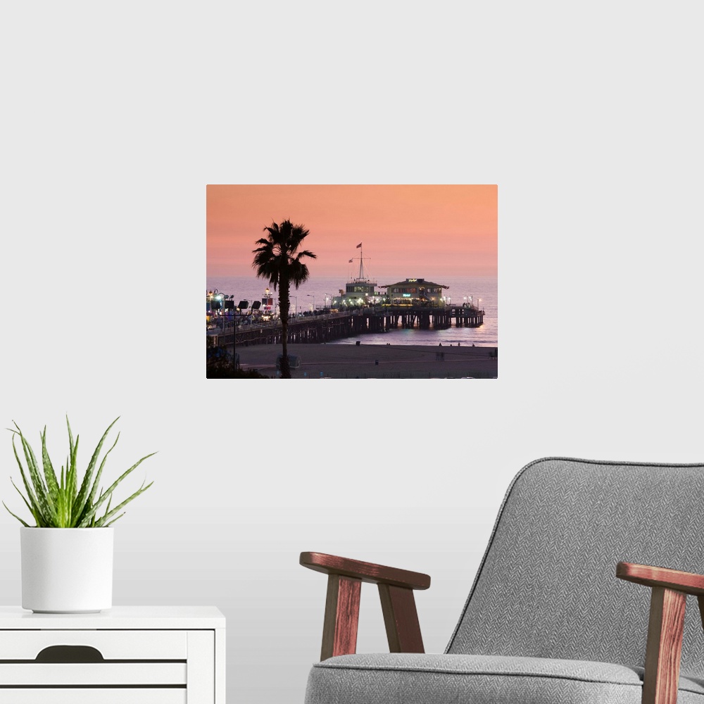 A modern room featuring USA, California, Los Angeles, Santa Monica, Santa Monica Pier, dusk