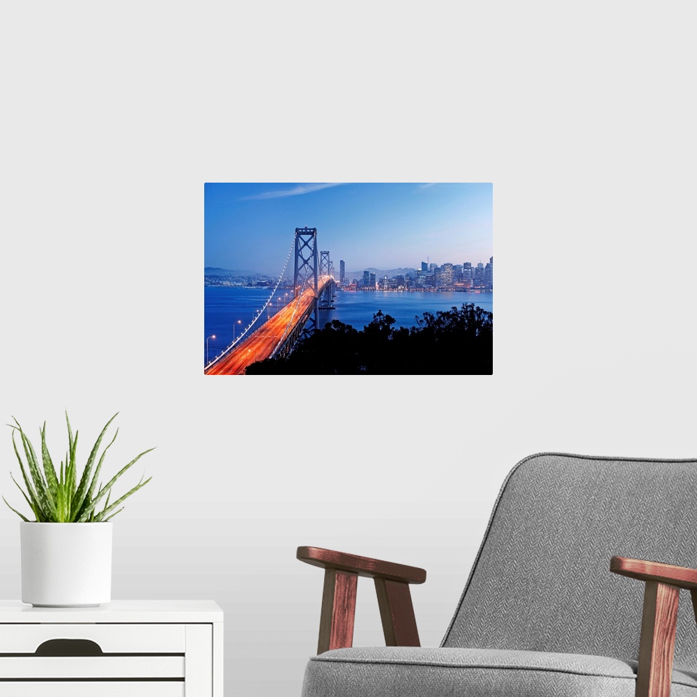 A modern room featuring USA, California, San Francisco, City skyline and Bay Bridge from Treasure Island