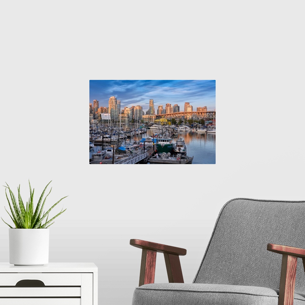 A modern room featuring Canada; British Columbia, Vancouver, Fishermen's Wharf, Granville Bridge, false inlet.