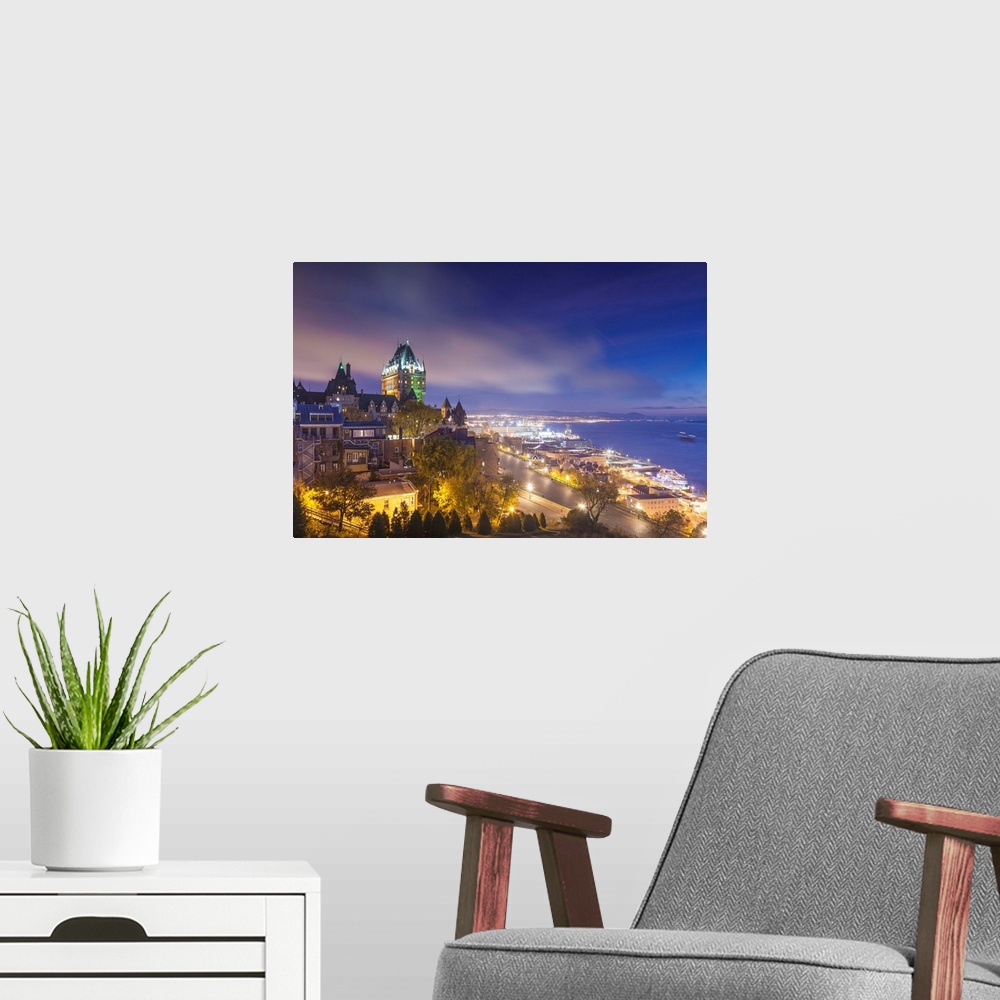 A modern room featuring Canada, Quebec, Quebec City, Elevated Skyline With Chateau Frontenac Hotel, Dawn, Fog