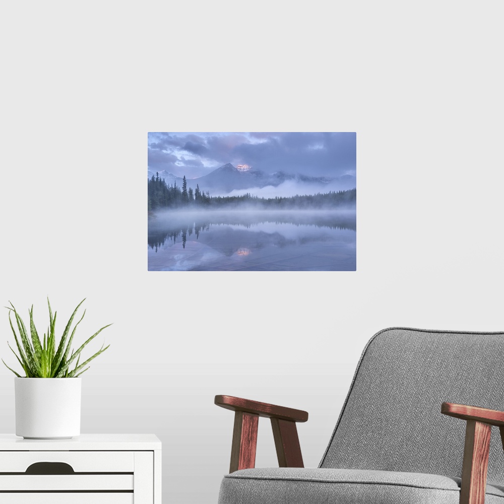 A modern room featuring Misty morning in the Canadian Rockies, Herbert Lake, Banff National Park, Alberta, Canada. Autumn...