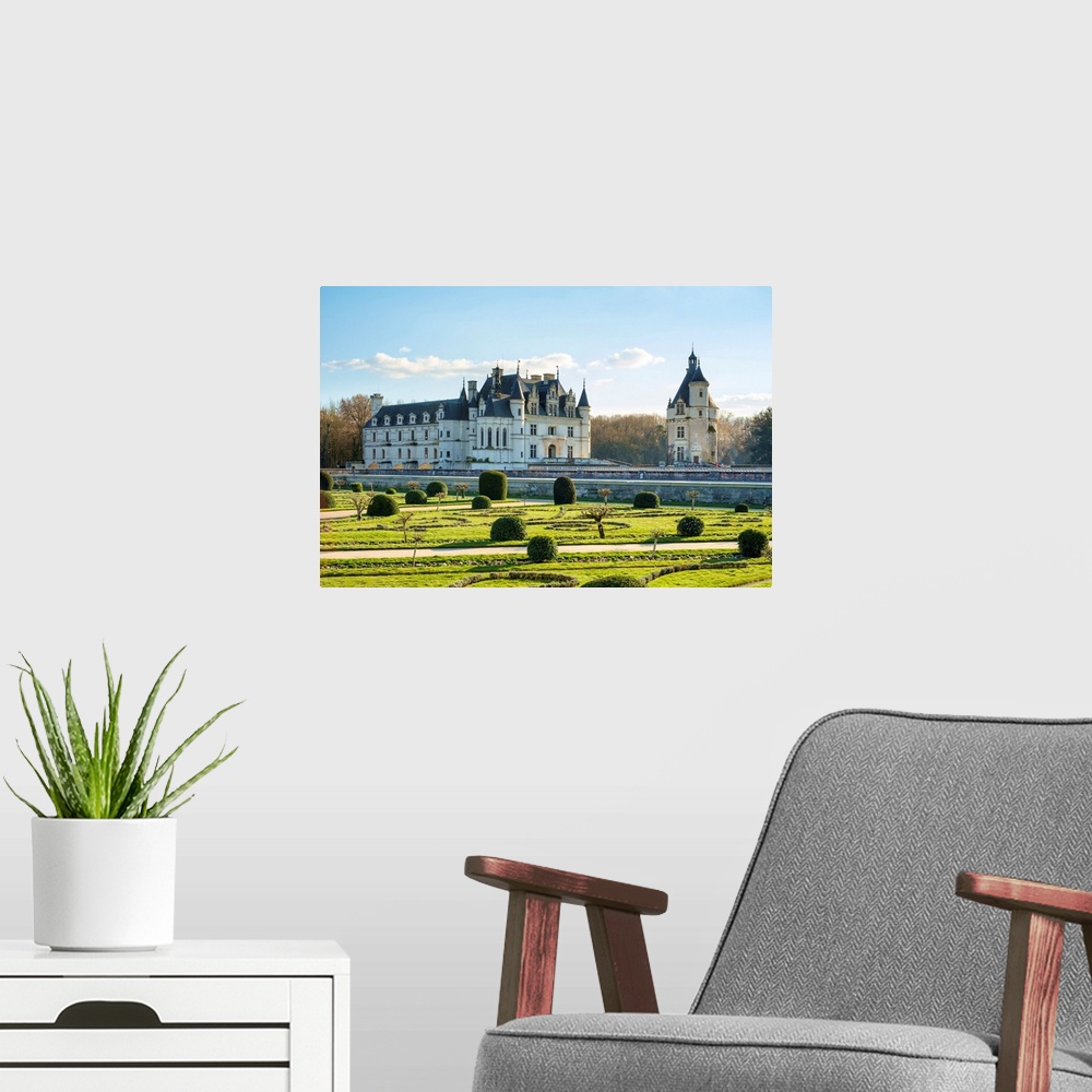 A modern room featuring Chateau de Chenonceau castle seen from the formal gardens, Chenonceaux, Indre-et-Loire, Centre, F...