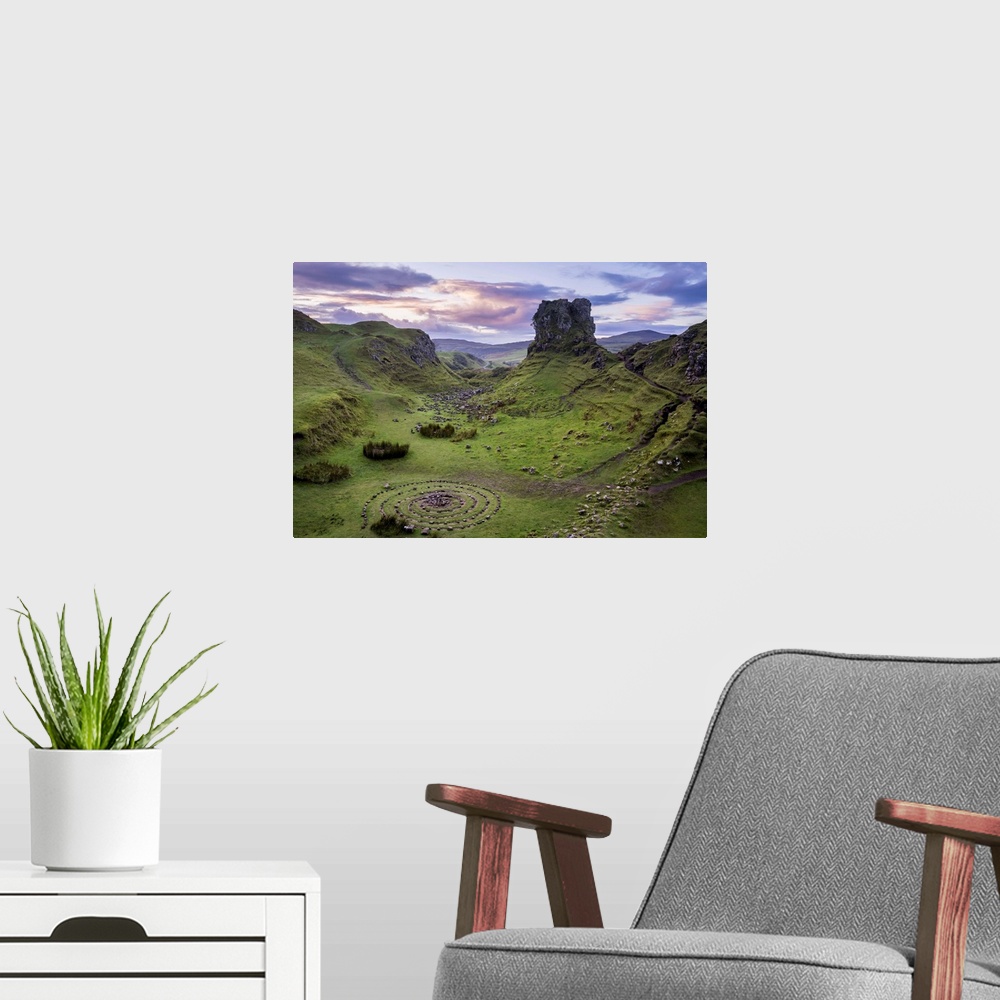 A modern room featuring Circular rock pattern on green landscape near Castle Ewen at sunset, Fairy Glen, Isle of Skye, Hi...