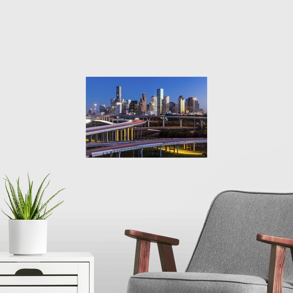 A modern room featuring City skyline and Interstate, Houston, Texas, United States of America