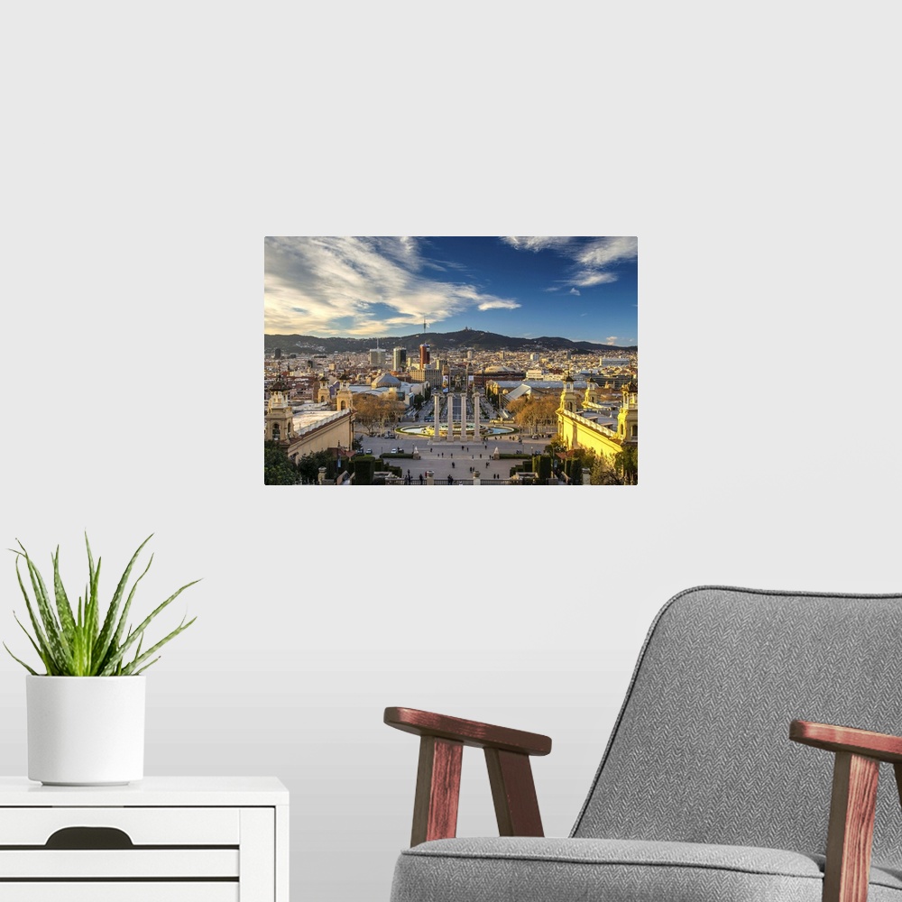 A modern room featuring City skyline at sunset from Montjuic, Barcelona, Catalonia, Spain