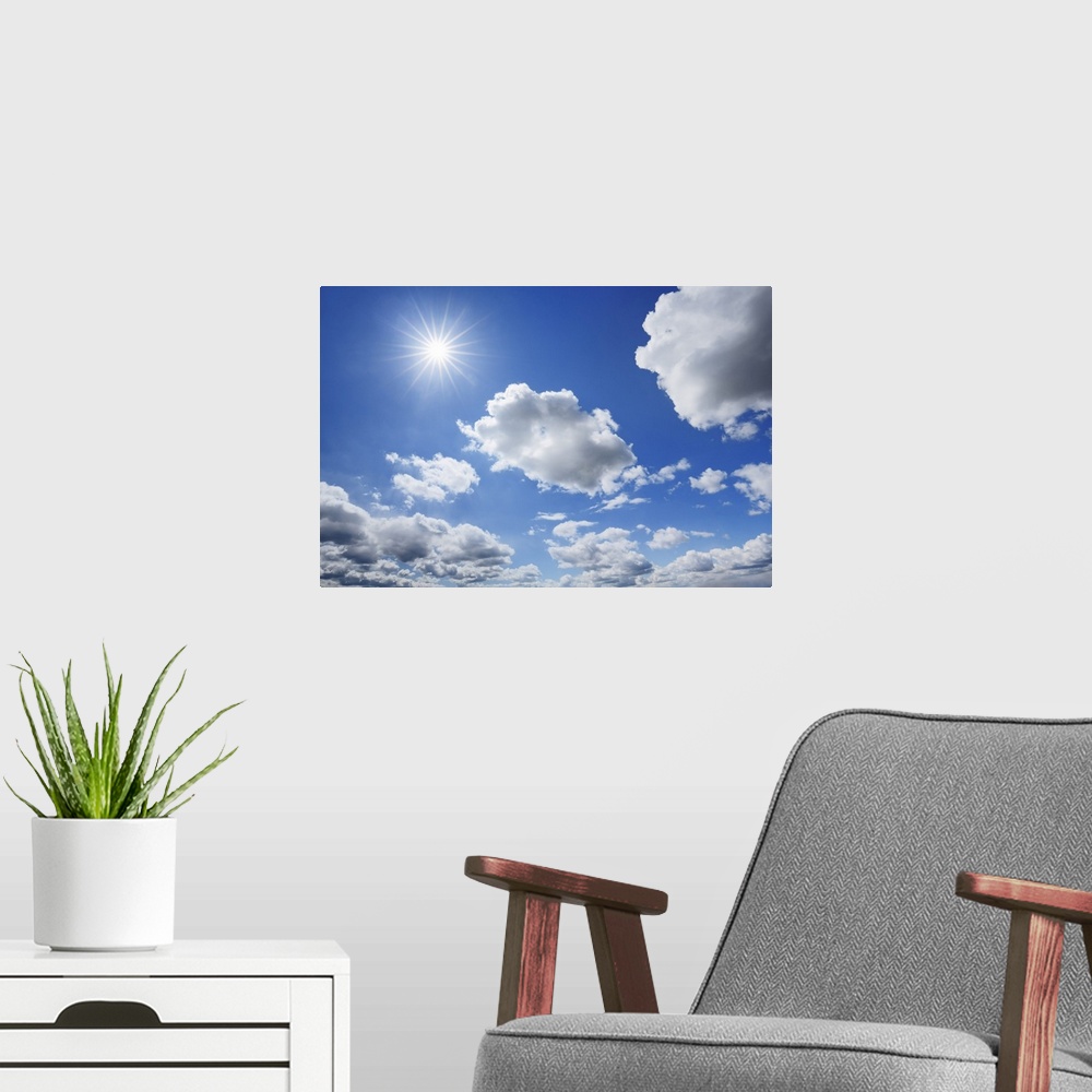 A modern room featuring Cloud impression with sun. Germany, Bavaria, Upper Bavaria, Freising, Giggenhausen. Bavaria, West...