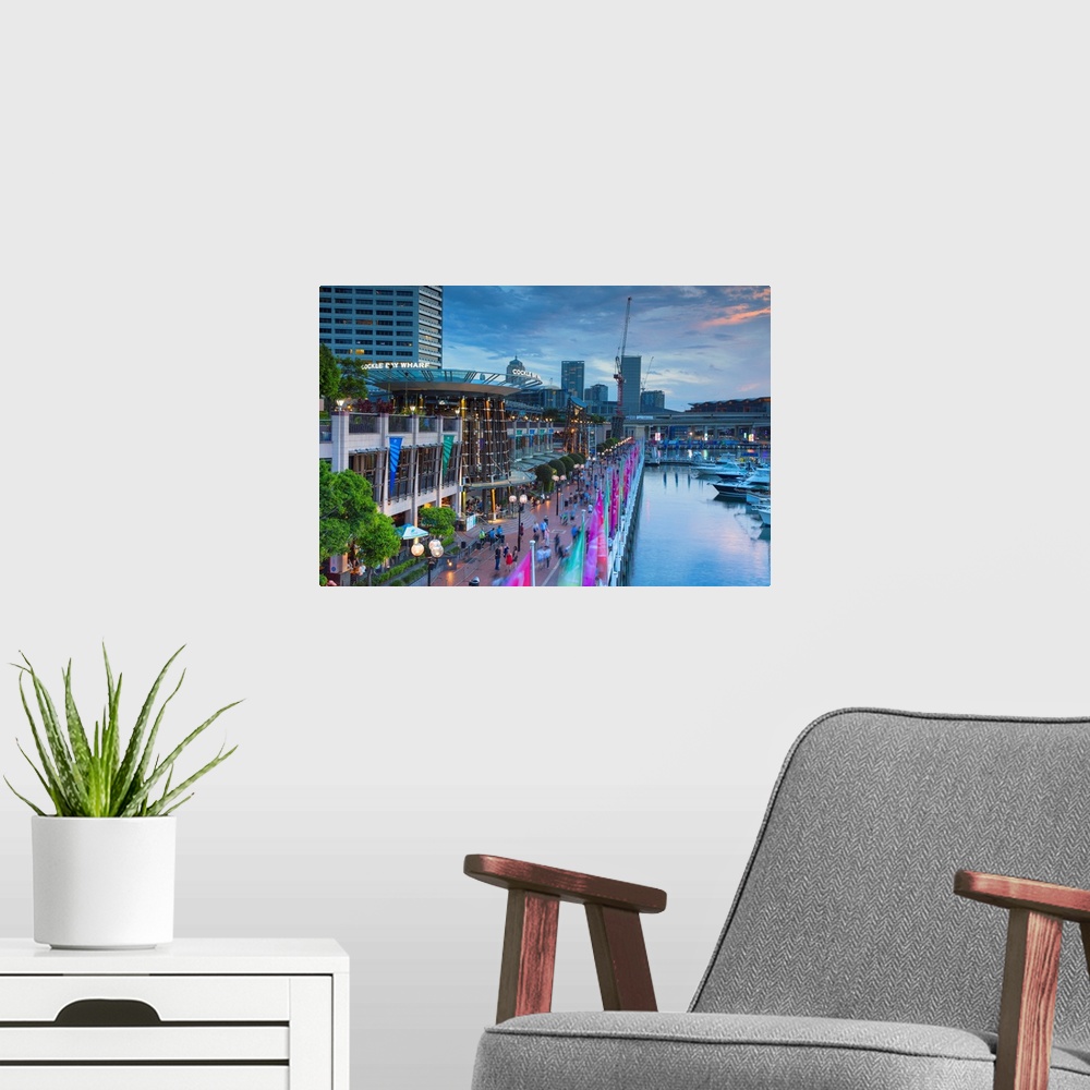 A modern room featuring Cockle Bay Wharf At Dusk, Darling Harbour, Sydney, New South Wales, Australia