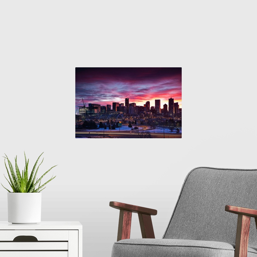 A modern room featuring USA, Colorado, Denver, city view from the west, dawn