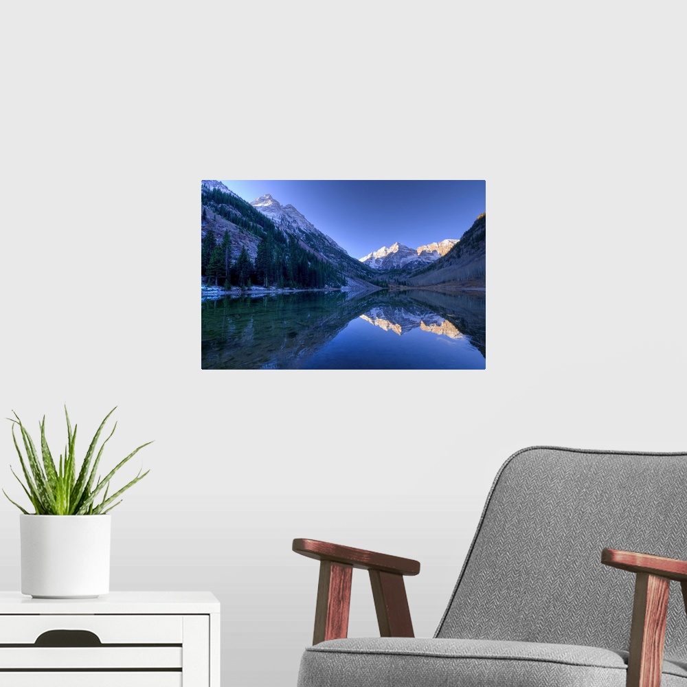 A modern room featuring Colorado, Maroon Bells Mountain reflected in Maroon Lake