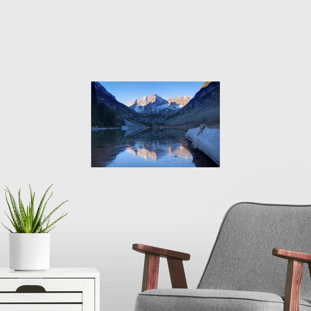 A modern room featuring USA, Colorado, Maroon Bells Mountain reflected in Maroon Lake