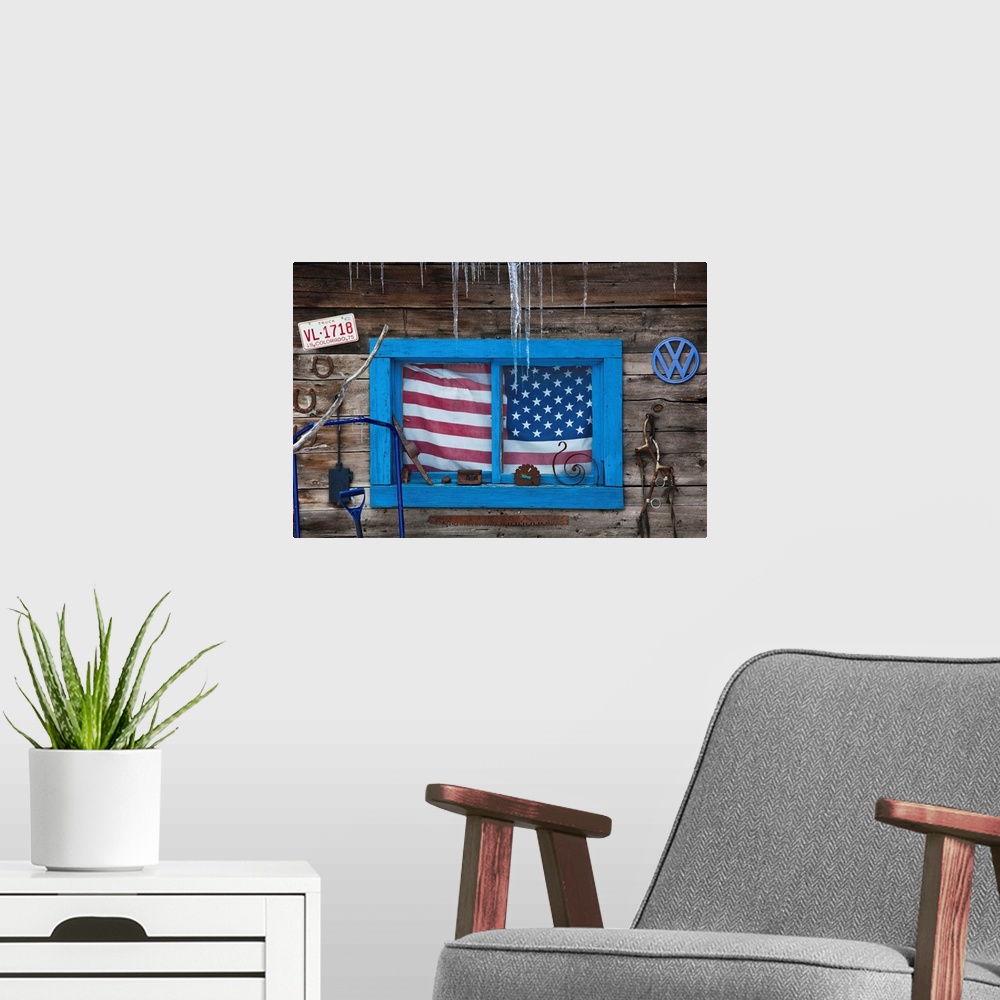 A modern room featuring USA, Colorado, Telluride, US Flag in window