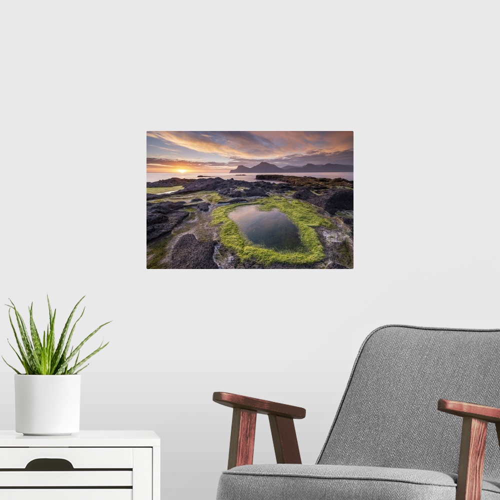 A modern room featuring Colourful summer sunrise from the rocky shores of Gjogv on the island of Eysturoy, Faroe Islands,...