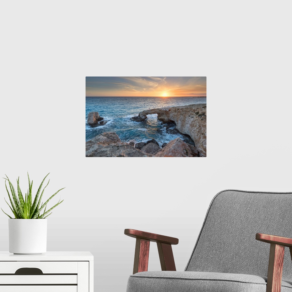 A modern room featuring Cyprus, Ayia Napa, Cape Greco, Woman Whit A White Dress At Sunset Standing Over The Love Bridge