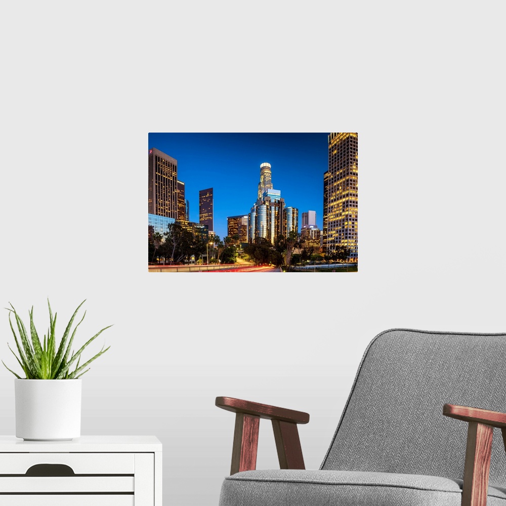 A modern room featuring Downtown Skyline At Night, Los Angeles, California, USA