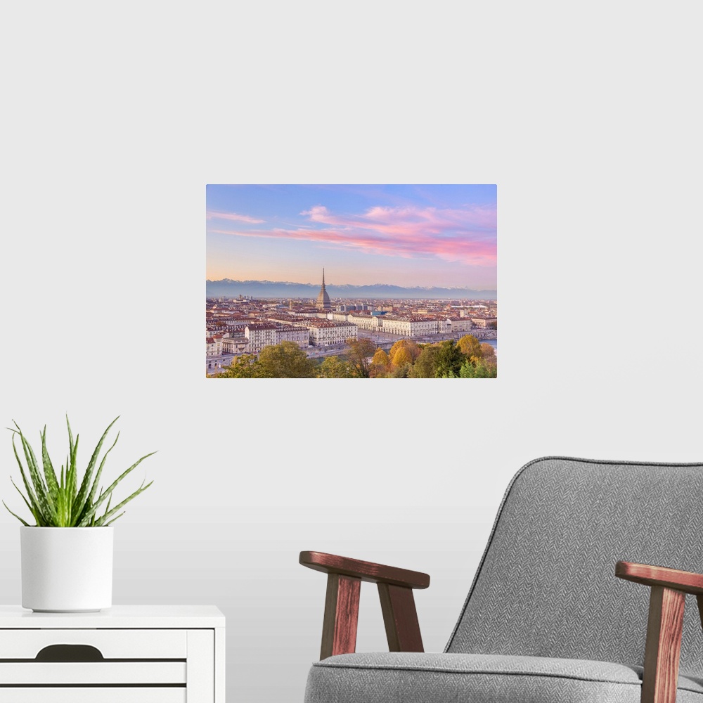 A modern room featuring Elevated view of old town of Turin (Torino) at sunset. Piemonte region, Italy, Europe.