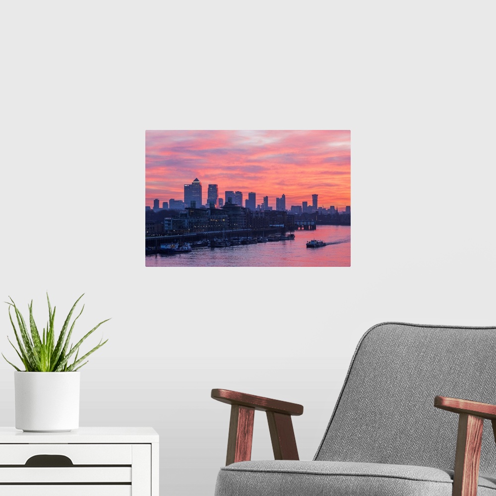 A modern room featuring England, London, Sunrise Over Docklands and Canary Wharf.