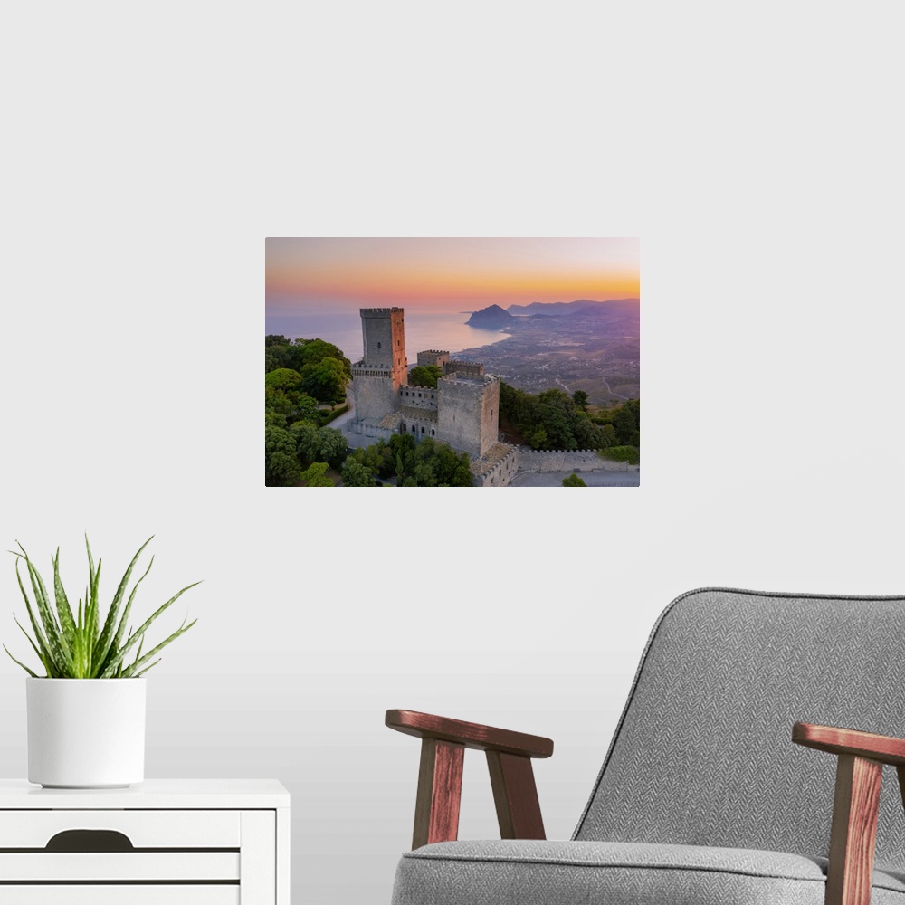 A modern room featuring Erice, Sicily. The Norman castle at sunrise, view towards Monte Cofano and Riserva dello Zingaro ...