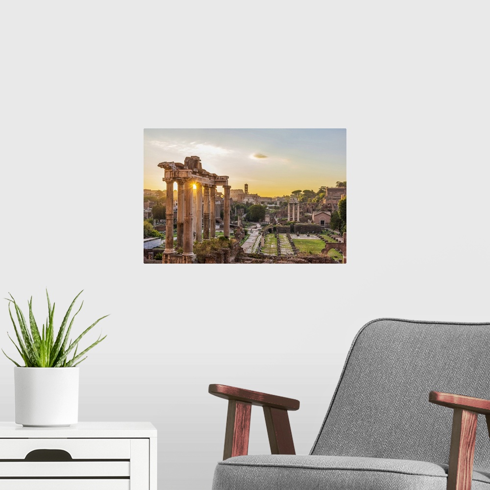 A modern room featuring Europe, Italy, Rome. The Forum Romanum with the temple of Saturn at sunrise.