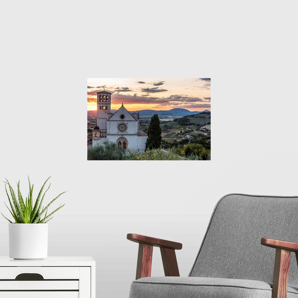 A modern room featuring Europe, Italy, Umbria, Assisi. Sunset at the Basilica of Saint Francis of Assisi.