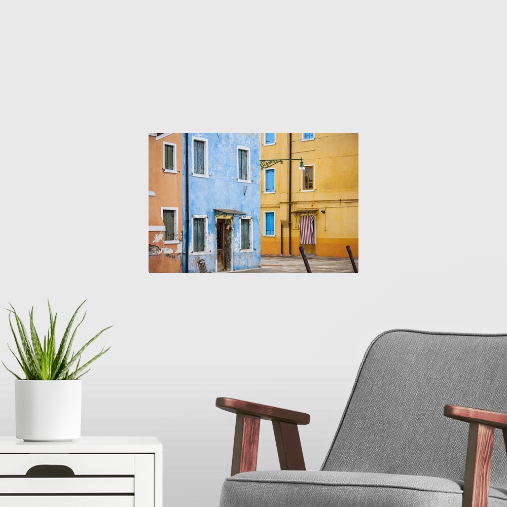 A modern room featuring Exterior facades of colourful buildings, Burano, Veneto Province, Italy, Europe