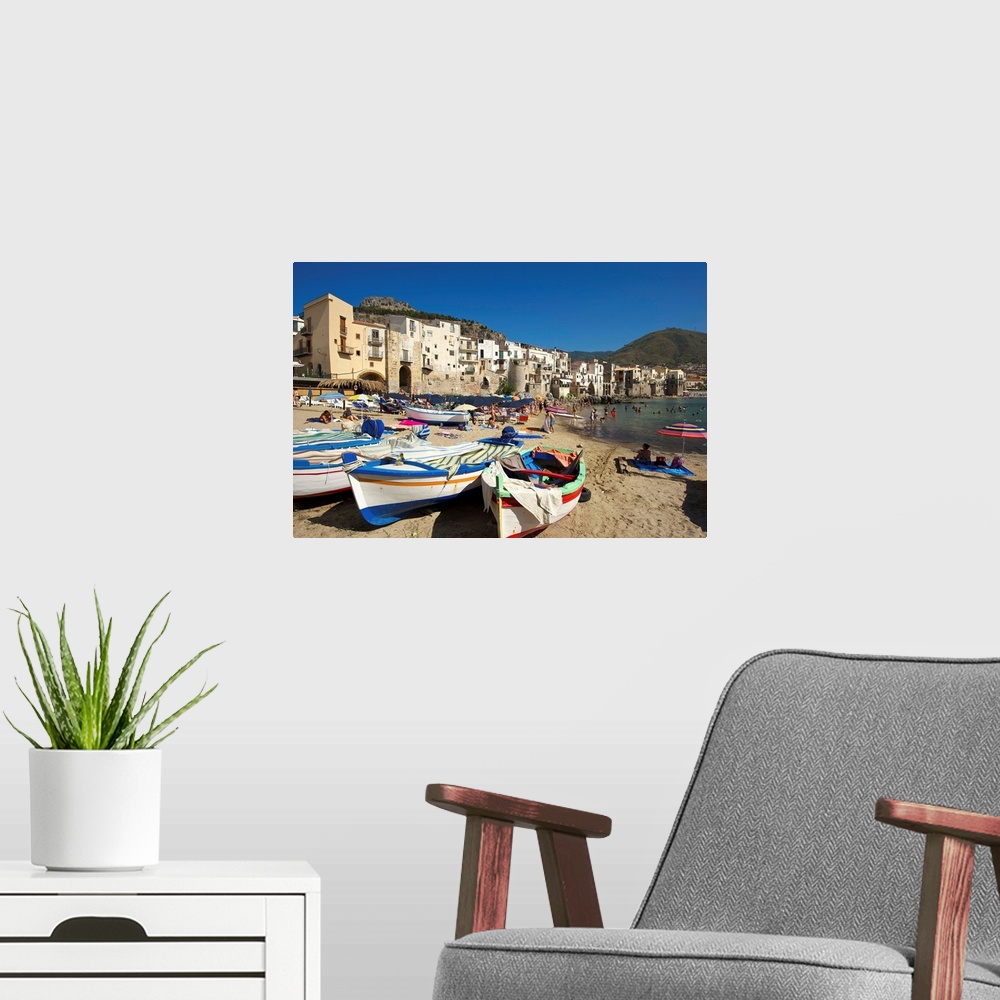 A modern room featuring Fishing boats, Cefalu, Sicily, Italy