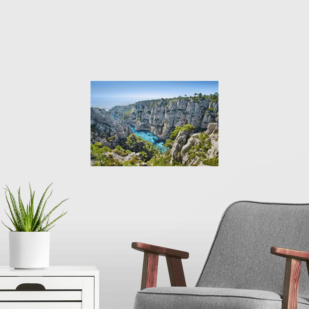 A modern room featuring Fjord landscape in the Calanques. France, Provence-Alpes-Cote d'Azur, Bouches-du-Rhone, Cassis, C...
