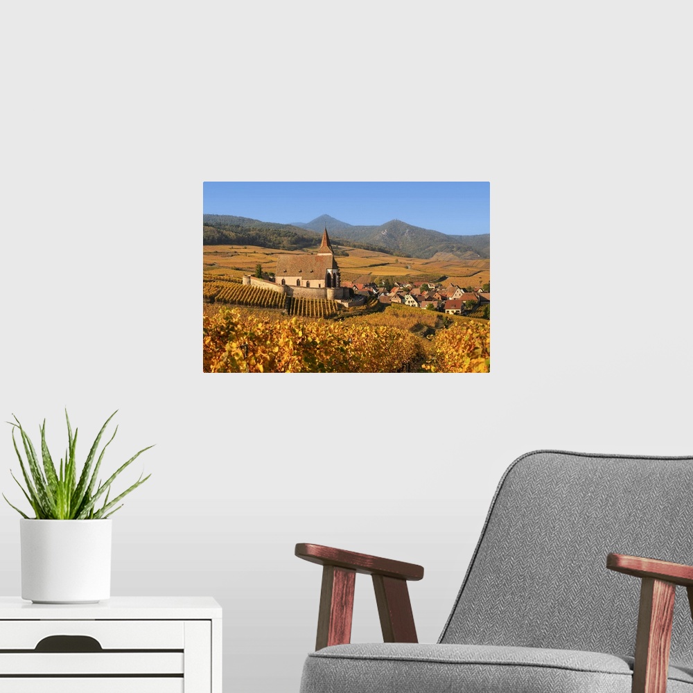 A modern room featuring Fortified church of Saint Jacques, Hunawihr, Alsace, Alsatian Wine Route, Haut-Rhin, France.