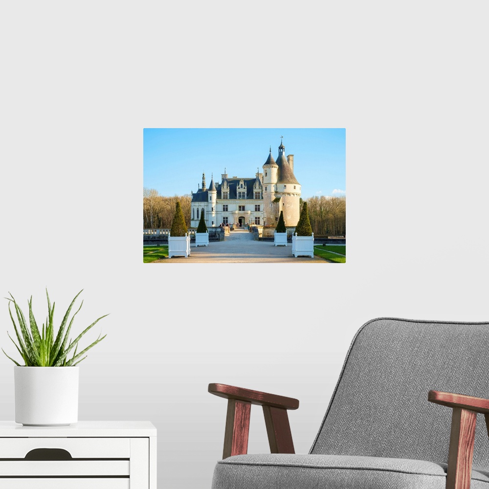 A modern room featuring Front entrance to Chateau de Chenonceau castle, Chenonceaux, Indre-et-Loire, Centre, France.
