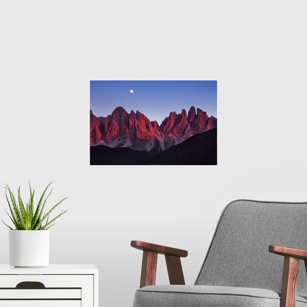 A modern room featuring Geisler Peaks with full moon. Italy, Trentino-Alto Adige, South Tyrol, Puez-Geisler Nature Park, ...