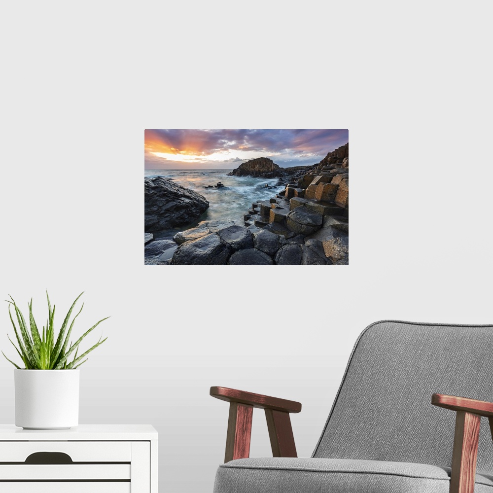 A modern room featuring Giant's Causeway at sunset, Ulster, Bushmills, County Atrim, Northern Ireland, UK