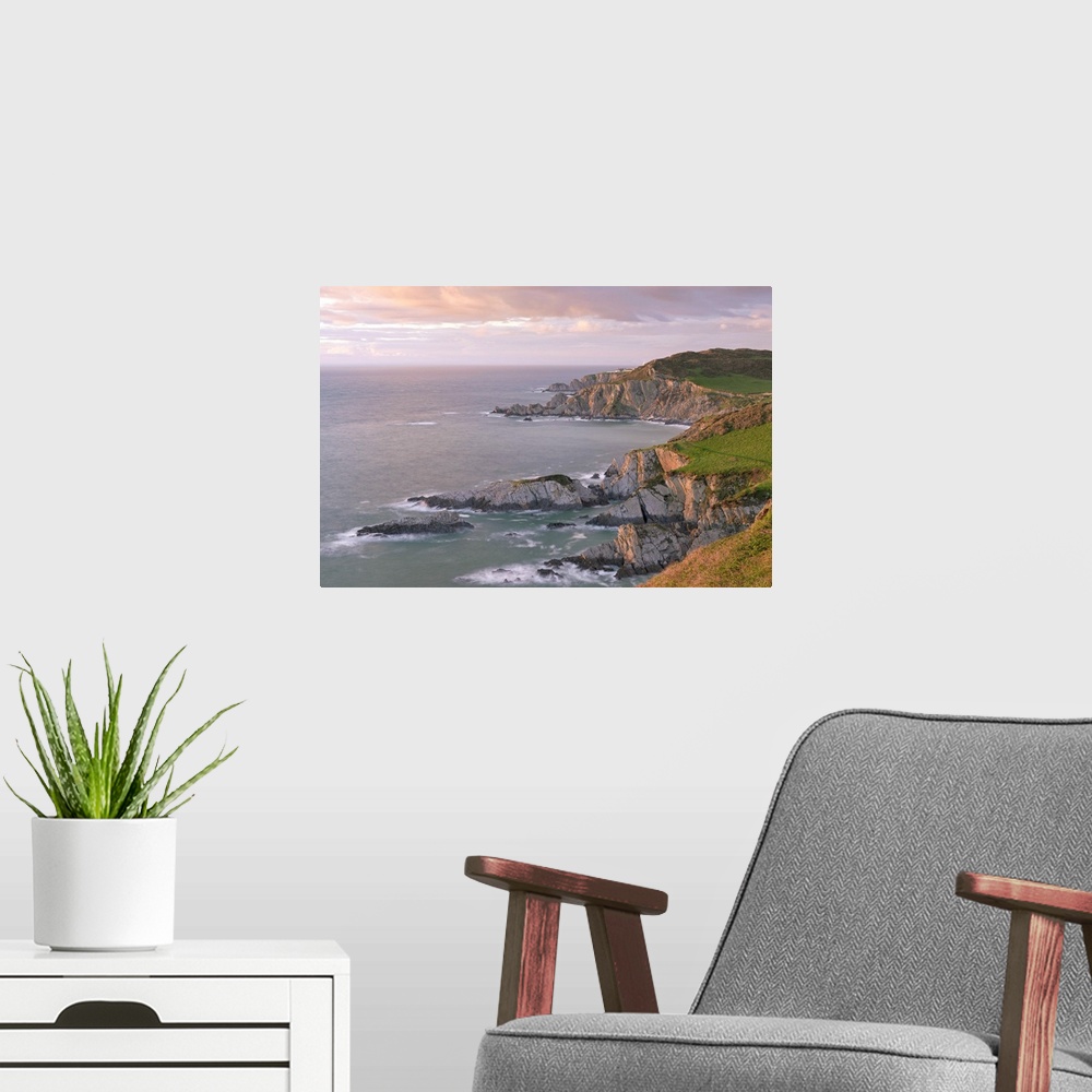 A modern room featuring Glorius evening light on the North Devon coast near Ilfracombe, England. Spring (May)